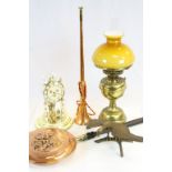 Box of Mixed Collectables including Oil Lamp, Copper Horn and Bed Pan, West German Clock, etc