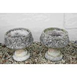 Pair of Reconstituted Stone Garden Urns on Stands, 40cms diameter x 46cms high