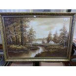 Large Framed and Glazed Oil Painting in Brown Tones depicting a Cottage by a Lake, signed, 90cms x