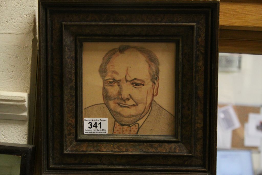 Portrait Drawing of Sir Winston Churchill in Walnut Veneer Frame