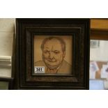 Portrait Drawing of Sir Winston Churchill in Walnut Veneer Frame