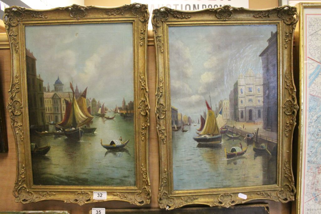 Pair of Late 19th / Early 20th century Oil Paintings on Canvas of Venice Canal Scenes, one signed