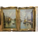 Pair of Late 19th / Early 20th century Oil Paintings on Canvas of Venice Canal Scenes, one signed