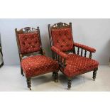 Late 19th / Early 20th century Ladies and Gents Parlour Chairs with Red and Gold Upholstery and