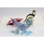 Collection of Glassware to include Alexandrite Glass comprising Blue Glass Bird Bowl signed to