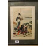 Fine Japanese Woodblock Portrait of Two Geishas and their Companion