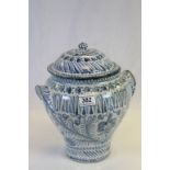 Tin Glazed Twin Handled Lidded Urn / Pot with stylised bird and floral decoration