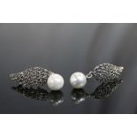 Pair of Silver and Marcasite Art Deco Style Earrings with Freshwater Pearl Drop