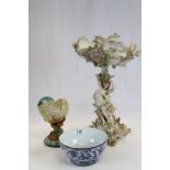 19th century Continental Porcelain Centre Piece with a Figural and Floral Column supporting a Floral