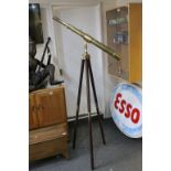 Large Brass Two Drawer Telescope, 92cms long with Brass Bracket and Hardwood Tripod Stand, approx.