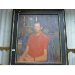 Contemporary Oil on Canvas Half Length Portrait of a Seated Man in Interior Setting signed Tina