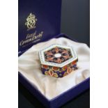 Boxed Royal Crown Derby Hexagonal Trinket Box pattern no A.1297, 4.2cms wide