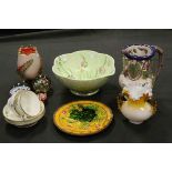 Mixed Lot of Ceramics and Glass including a Majolica Plate, Beswick Flower decorated Leaf Bowl,