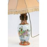 Early 20th century Japanese Ceramic Table Lamp decorated with Geishas with Moth handles, 34cms high