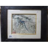 Oriental School Signed Woodblock of a Winged Insect on a Branch