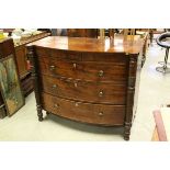 19th century French Empire Mahogany Bow Fronted Chest of Three Long Drawers with Brass Handles,