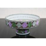 Swedish Laholms Keramic Footed Bowl decorated with diamond panels of Purple and Green, 23cms