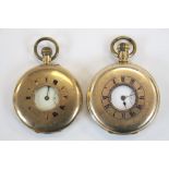 Gold plated top wind half hunter pocket watch, white enamel dial and subsidiary dial, black Roman