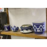 Three Items of Victorian Wedgewood Blue Jasperware including Jardiniere, 18cms high, Biscuit Barrel,