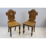 Pair of 19th century Oak Hall Chairs with Shield Backs and Solid Seats, name on underside of seat