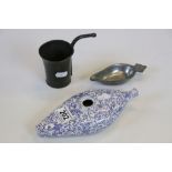 Three feeding bottles to include pewter pap boat, blue and white sucking bottle and a pewter feeding