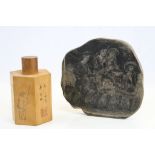 Chinese Hexagonal Treen Tea Caddy with Three Panels etched with Figures and Three Panels etched with