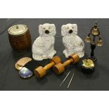 Pair of Staffordshire Mantle Dogs, Three Brass Horse Harness Terrets Bells, Oak Biscuit Barrel,