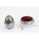 Arnold & Williams Silver Plate Egg Shaped Pin Cushion and one other in the form of a Salt, stamped