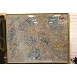 Vintage Framed and Glazed French Coloured Map of Paris ' Nouveau Plan de Paris avec Toutes Les