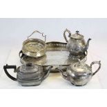 Silver Plated Gallery Tray together with Three Silver Plated Teapots and a Serving Dish