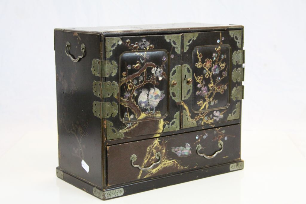Late 19th / Early 20th century Japanese Lacquered Table Cabinet , the two doors opening to reveal