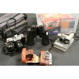 Collection of Cameras and Lens to include Zenit, Vivitar, Nikon, etc and pair of Bresser Speed