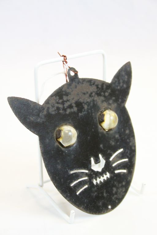 Rare Early 20th century Sheet Metal Cat Scarer with Marble Eyes, 14cms high