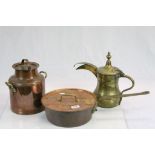 Persian Brass Jug together with a Copper and Brass Gallon Churn and a Copper Lidded Pan with Brass