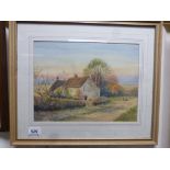 John Reginald Goodman 1870 - 1962 Watercolour Country Cottage with Figures on Track