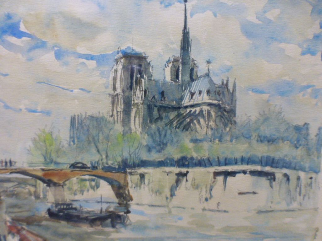 Pierre Eugene Cambier - Framed and Glazed Watercolour of Paris - La Seine and Notre Dame, 25cms x - Image 5 of 6