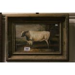 Gilt Framed Oil Painting of a Bull in a Pastural Landscape