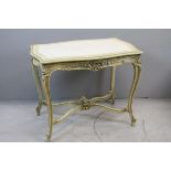 French Cream Shabby Painted Centre Table, the shaped top inset with fabric raised on Carved Cabriole