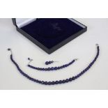 Lapis Lazuli suite comprising necklace, bracelet and drop earring, graduated round beads, silver