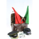 British Rail Guards Brown Leather Bag with Contents including Green Flag, Red Flag, Guardsman Hat,