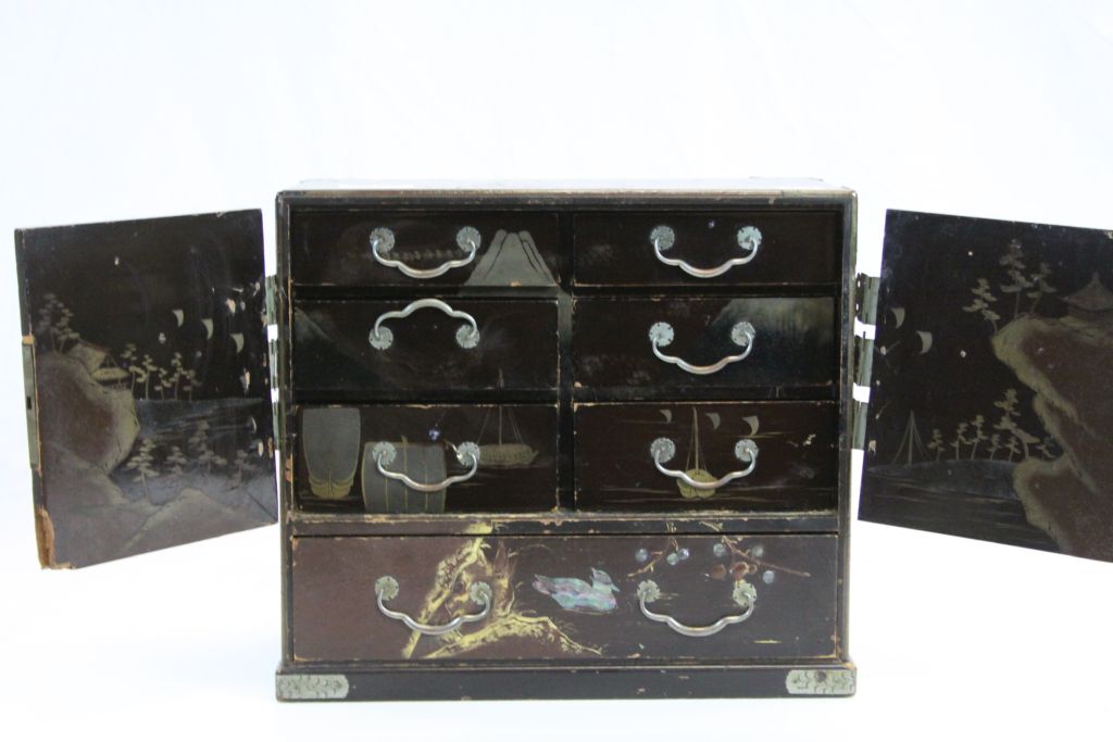 Late 19th / Early 20th century Japanese Lacquered Table Cabinet , the two doors opening to reveal - Image 2 of 4