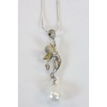 Silver Pendant Necklace in the form of a Cherub with Pearl Drop