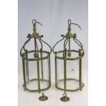 Pair of Gilt Metal Hanging Hall Lanterns each with Five Shaped Glass Panels and single light