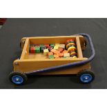 Vintage Child's Wooden Push-along Toy with Wooden Building Blocks