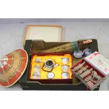 Box of Oriental Items including Saki Cups, Tea Sets, Handpainted Sun Parasol, etc