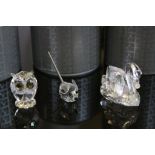 Three Boxed Swarovski Crystal Animals including Owl (3.6cms high), Mouse (2cms high) and Swan (4.