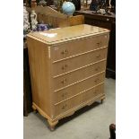 Mid 20th century Bleached Walnut Chest of Five Long Drawers with Ornate Gilt Handles and Glass Cover