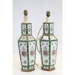 Pair of Chinese Hexagonal Famille Verte Vases converted to Table Lamps decorated with Panels of