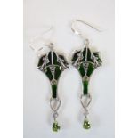Pair of Silver and Plique A Jour Art Nouveau Style Earrings with Peridot Drop