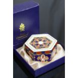 Boxed Royal Crown Derby Hexagonal Trinket Box pattern no A.1297, 6.7cms wide